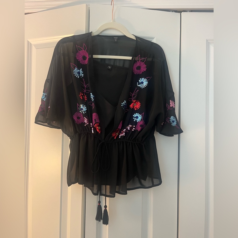 GUESS Floral Embroidered Black Sheer Top Sz S